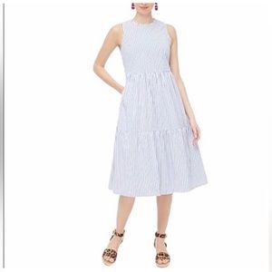 J Crew Blue White Striped Tiered Skirt Ruffled Neck Midi Dress Size 4